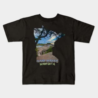 Minnesota State Outline - Grand Marais Kids T-Shirt